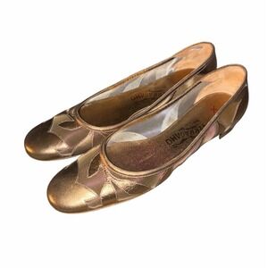 Vtg Salvatore Ferragamo Metallic Gold Leather Leaf‎  Mesh Ballet Flats 8.5 AA